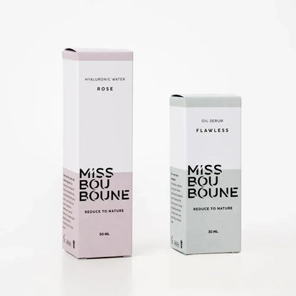 Le Pack ROSE-FLAWLESS by Miss BouBoune featuring Hyaluronic Water ROSE and Oil Serum FLAWLESS for hydrated, purified, and glowing skin