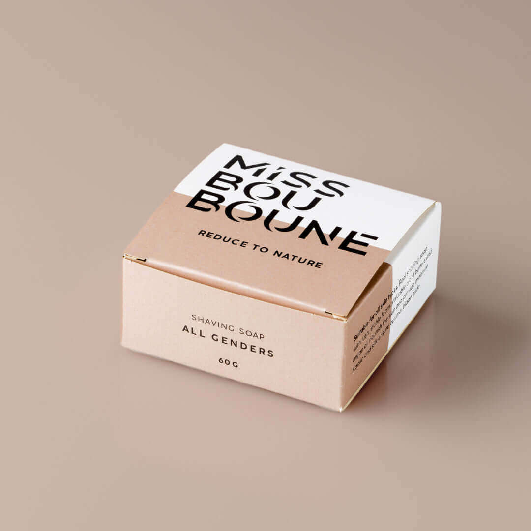 Brown and white box of Miss BouBoune shaving soap for all genders, 60g